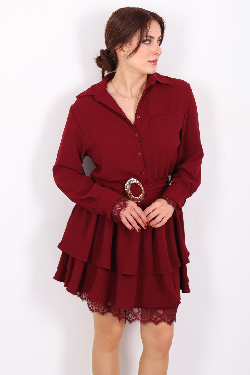 Gömlek Yaka Dantel Detaylı Katlı Bordo Kadın Mini Elbise - 5