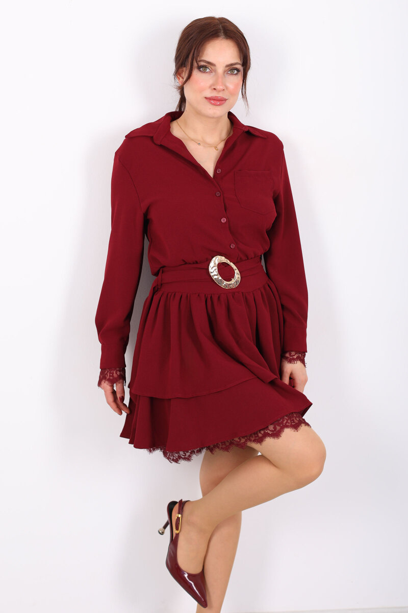 Gömlek Yaka Dantel Detaylı Katlı Bordo Kadın Mini Elbise - 7