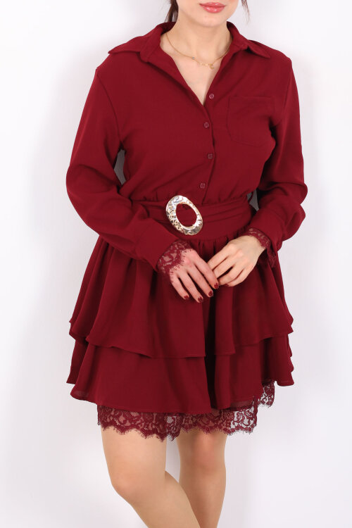 Gömlek Yaka Dantel Detaylı Katlı Bordo Kadın Mini Elbise - Berox (1)