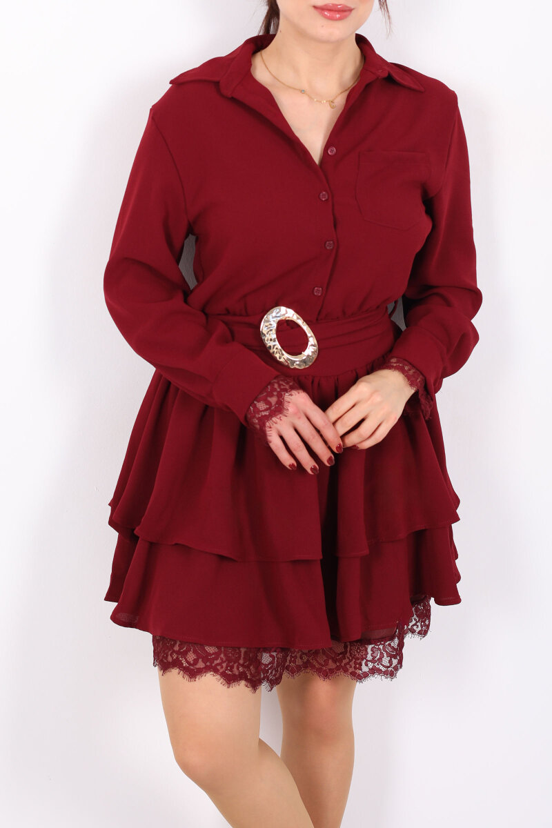 Gömlek Yaka Dantel Detaylı Katlı Bordo Kadın Mini Elbise - 2