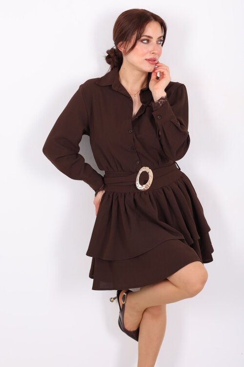 Gömlek Yaka Dantel Detaylı Katlı Kahverengi Kadın Mini Elbise - 4