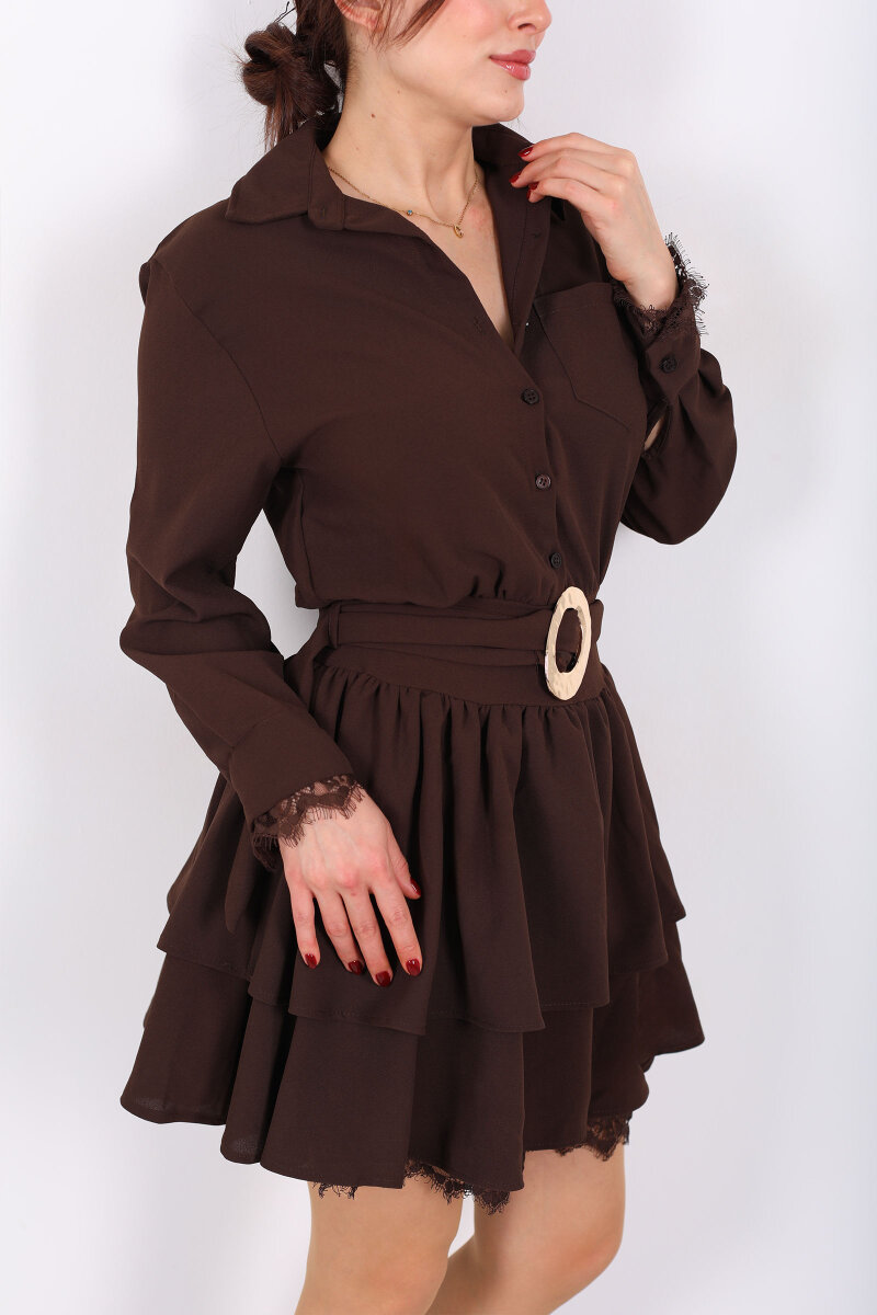 Gömlek Yaka Dantel Detaylı Katlı Kahverengi Kadın Mini Elbise - 2