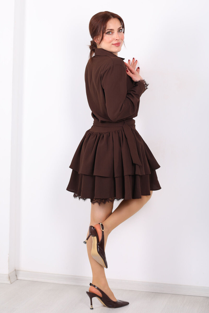 Gömlek Yaka Dantel Detaylı Katlı Kahverengi Kadın Mini Elbise - 6