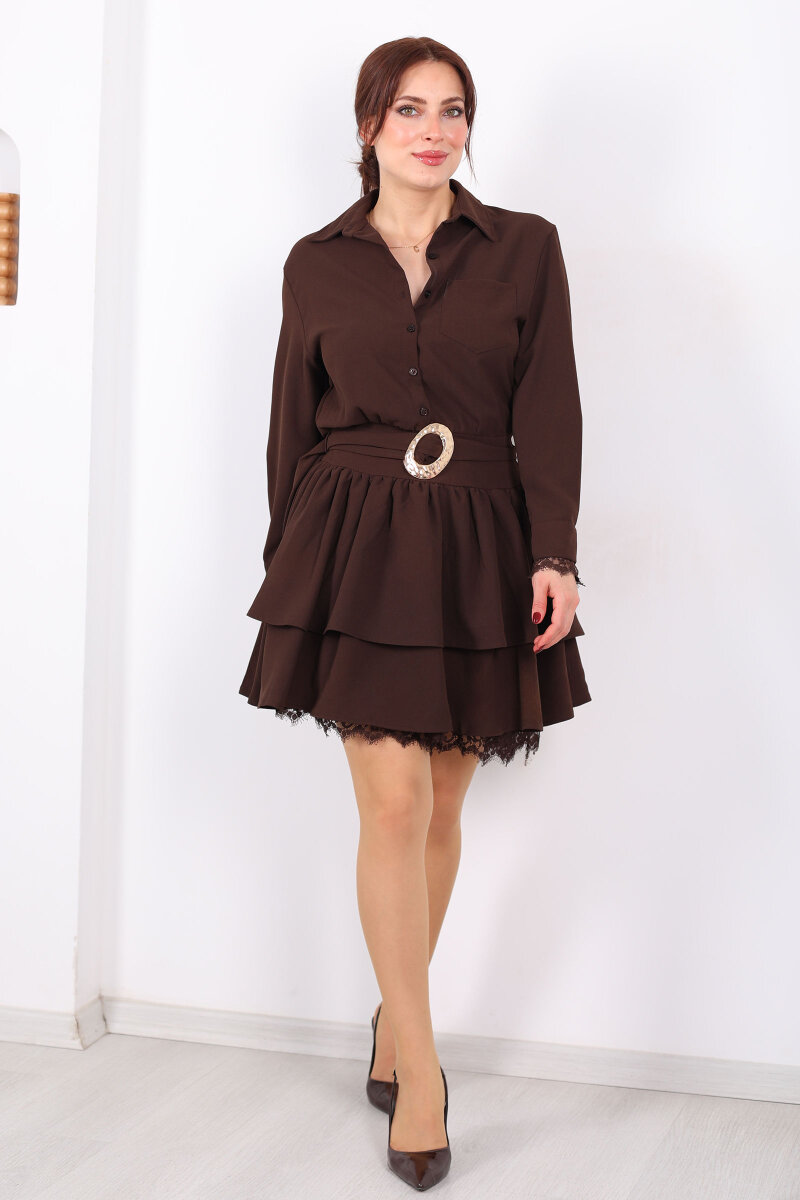 Gömlek Yaka Dantel Detaylı Katlı Kahverengi Kadın Mini Elbise - 3