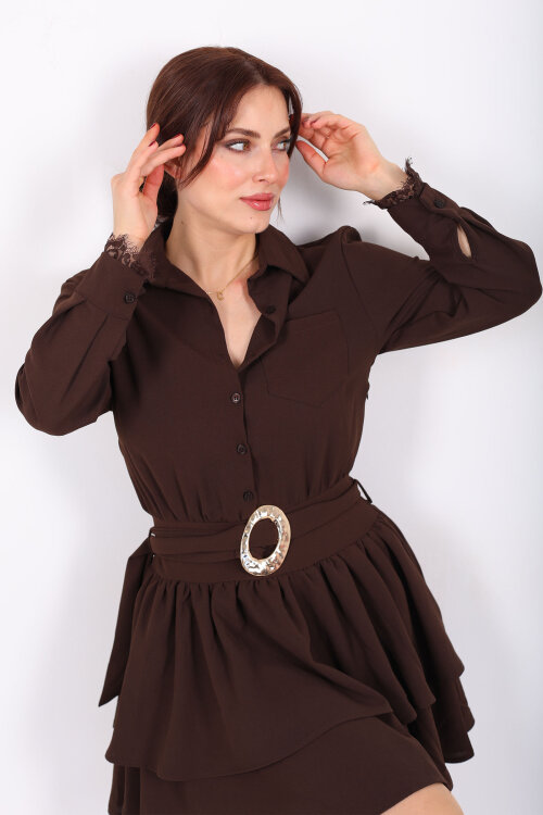 Gömlek Yaka Dantel Detaylı Katlı Kahverengi Kadın Mini Elbise - Berox