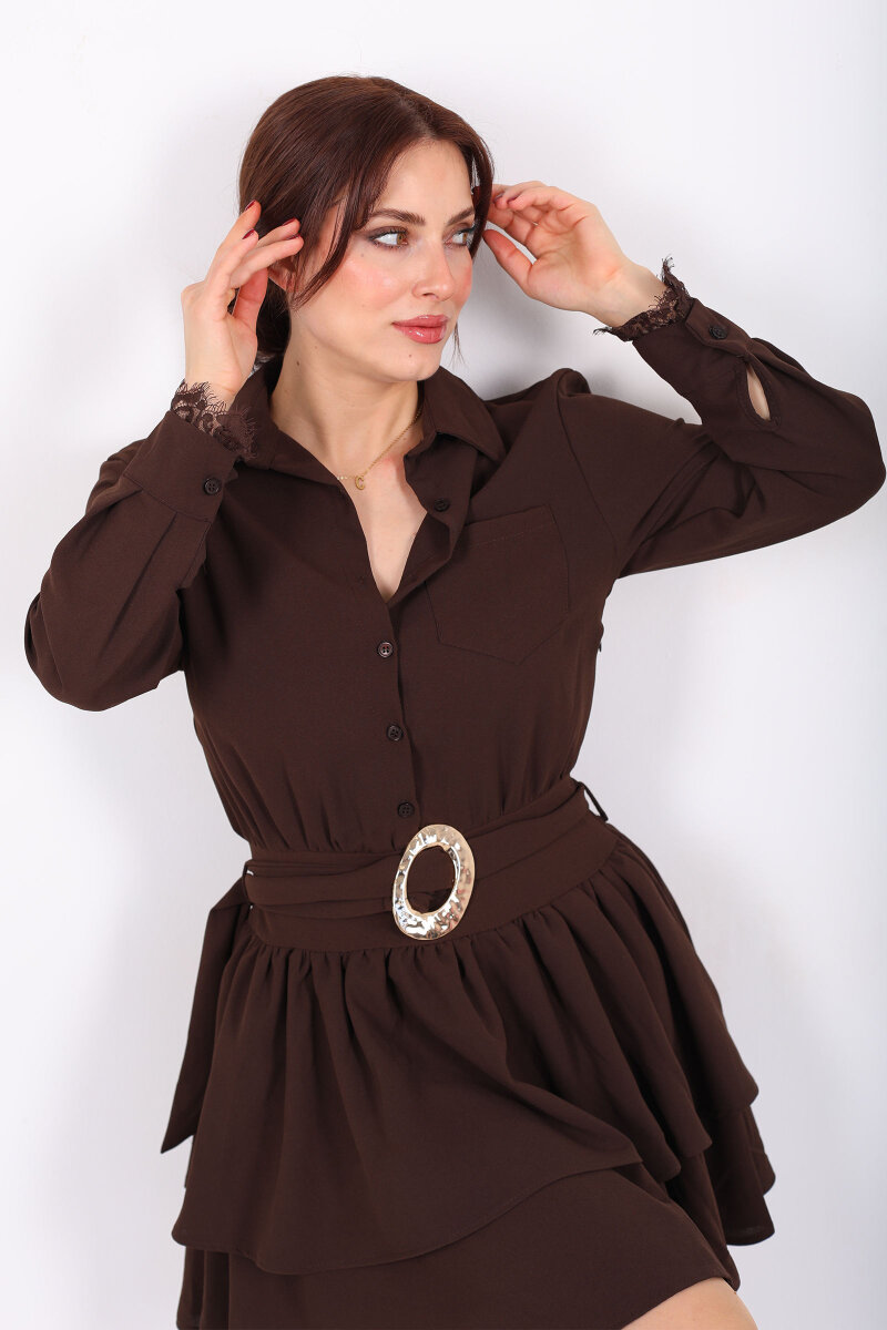 Gömlek Yaka Dantel Detaylı Katlı Kahverengi Kadın Mini Elbise - 1
