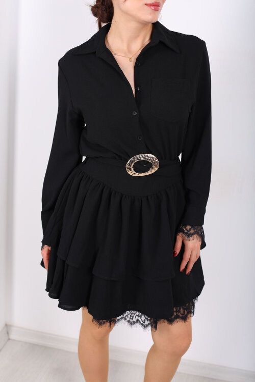 Gömlek Yaka Dantel Detaylı Katlı Siyah Kadın Mini Elbise - Berox (1)