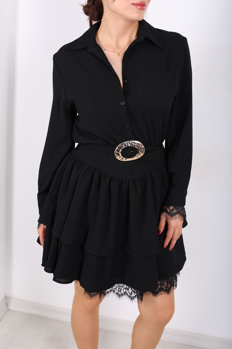Gömlek Yaka Dantel Detaylı Katlı Siyah Kadın Mini Elbise - 2