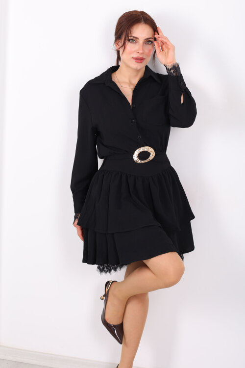 Gömlek Yaka Dantel Detaylı Katlı Siyah Kadın Mini Elbise - Berox