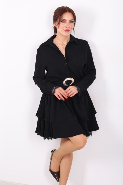 Gömlek Yaka Dantel Detaylı Katlı Siyah Kadın Mini Elbise - 6