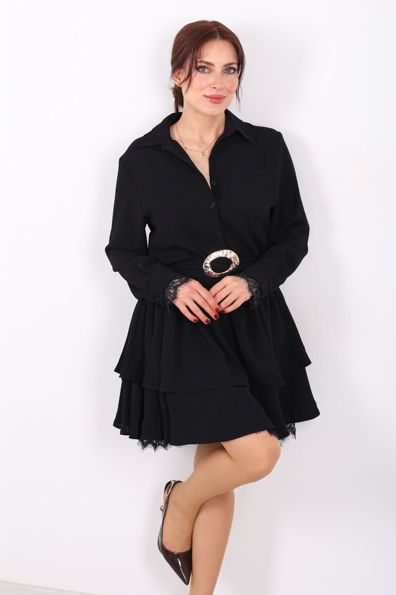 Gömlek Yaka Dantel Detaylı Katlı Siyah Kadın Mini Elbise - 6