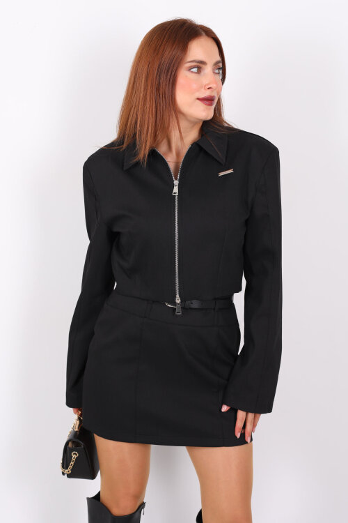 Gömlek Yaka Fermuarlı Kısa Kadın Siyah Ceket - 6