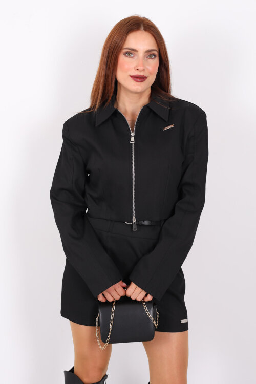 Gömlek Yaka Fermuarlı Kısa Kadın Siyah Ceket - Berox