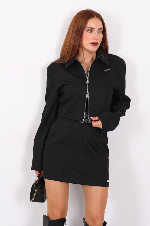 Gömlek Yaka Fermuarlı Kısa Kadın Siyah Ceket - 4