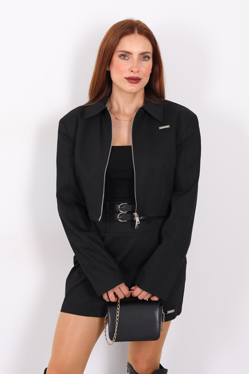 Gömlek Yaka Fermuarlı Kısa Kadın Siyah Ceket - 3