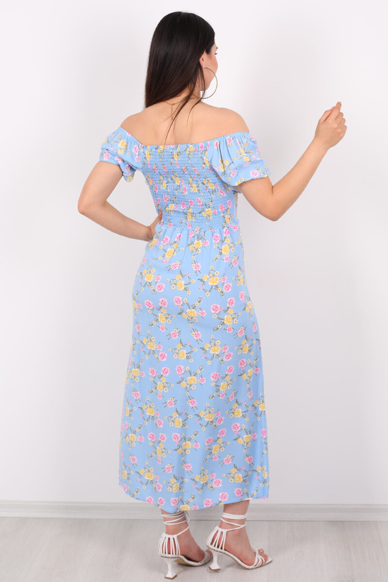 Gül Desen Yırtmaçlı Açık Mavi Kadın Sany Dress Elbise - 6