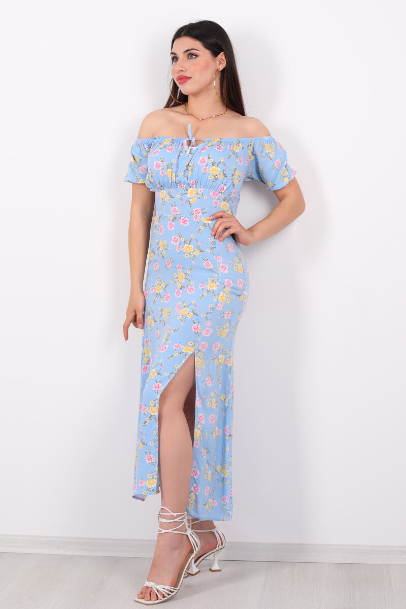 Gül Desen Yırtmaçlı Açık Mavi Kadın Sany Dress Elbise - 4