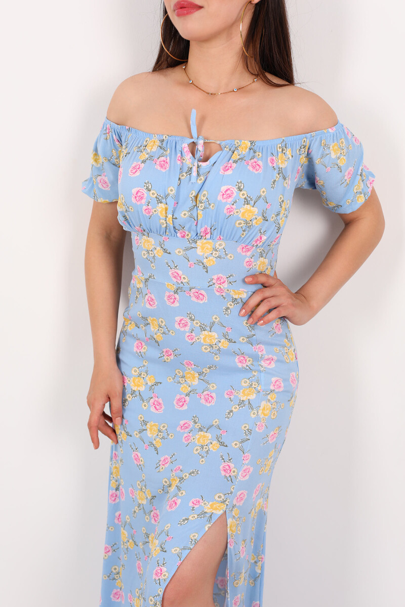 Gül Desen Yırtmaçlı Açık Mavi Kadın Sany Dress Elbise - 2