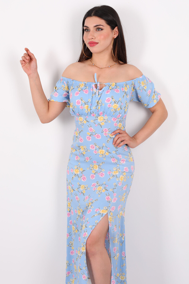 Gül Desen Yırtmaçlı Açık Mavi Kadın Sany Dress Elbise - 3
