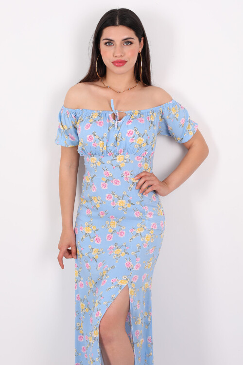 Gül Desen Yırtmaçlı Açık Mavi Kadın Sany Dress Elbise - 5