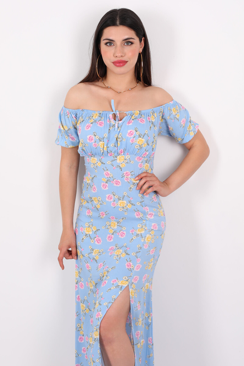 Gül Desen Yırtmaçlı Açık Mavi Kadın Sany Dress Elbise - 5
