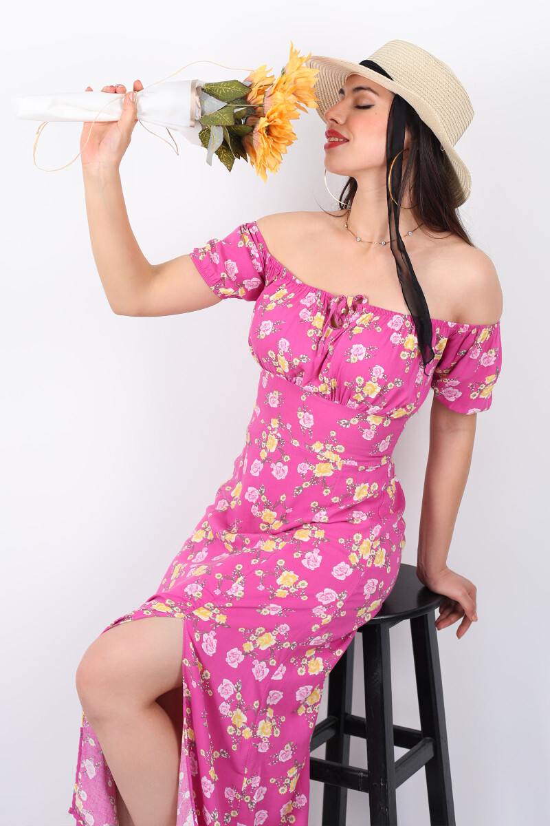 Gül Desen Yırtmaçlı Gül Kurusu Kadın Sany Dress Elbise - 3