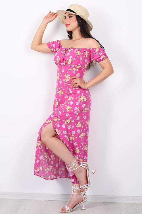 Gül Desen Yırtmaçlı Gül Kurusu Kadın Sany Dress Elbise - 4