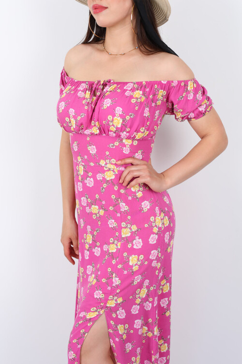 Gül Desen Yırtmaçlı Gül Kurusu Kadın Sany Dress Elbise - 2