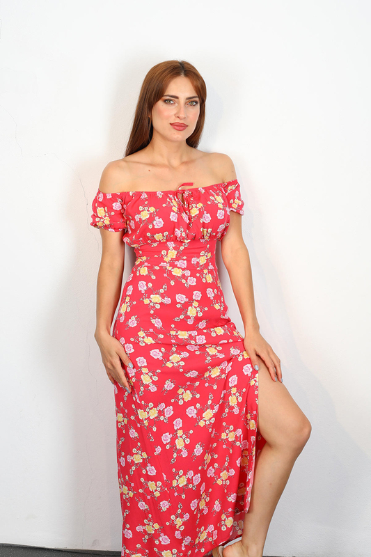 Gül Desen Yırtmaçlı Kırmızı Kadın Sunny Dress Elbise - 3