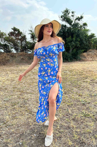 Gül Desen Yırtmaçlı Mavi Kadın Sany Dress Elbise 