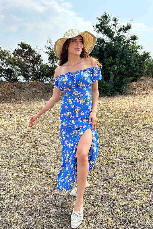 Gül Desen Yırtmaçlı Mavi Kadın Sany Dress Elbise - 1