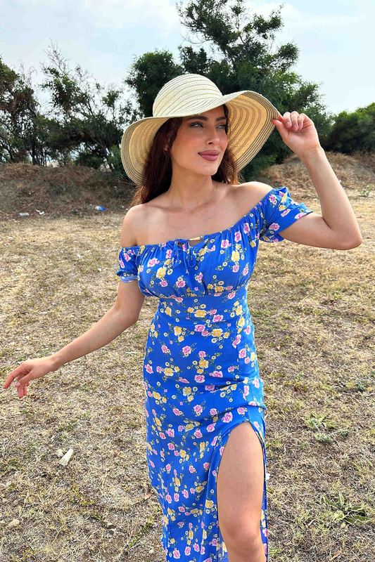 Gül Desen Yırtmaçlı Mavi Kadın Sany Dress Elbise - 3