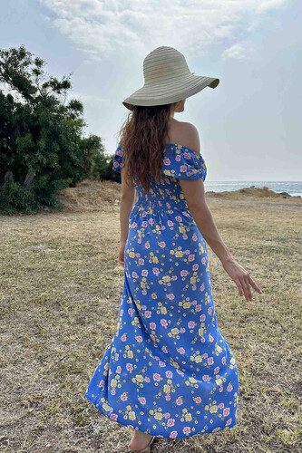Gül Desen Yırtmaçlı Mavi Kadın Sany Dress Elbise - 4