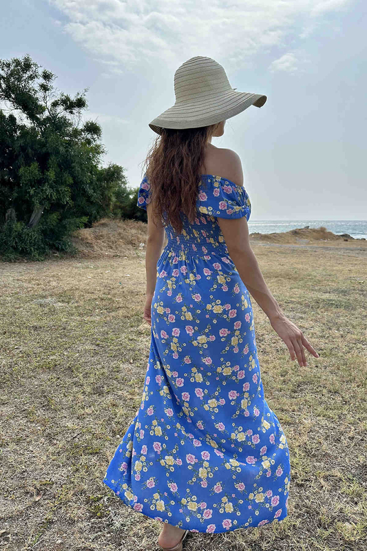 Gül Desen Yırtmaçlı Mavi Kadın Sany Dress Elbise - 4