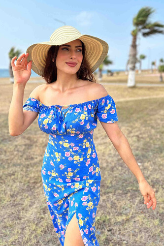 Gül Desen Yırtmaçlı Mavi Kadın Sany Dress Elbise - 2