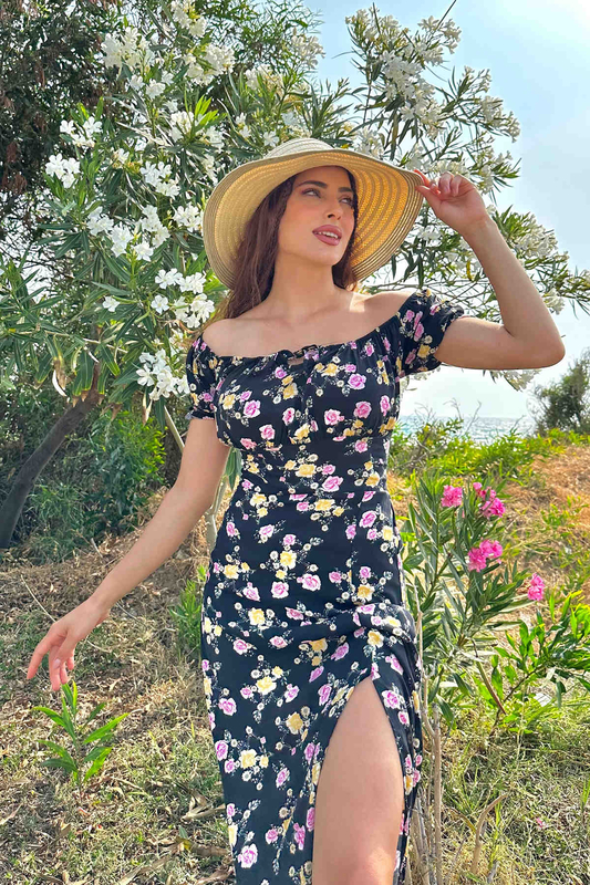 Gül Desen Yırtmaçlı Siyah Kadın Sany Dress Elbise - 2