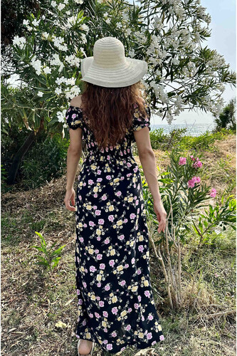 Gül Desen Yırtmaçlı Siyah Kadın Sany Dress Elbise - 4