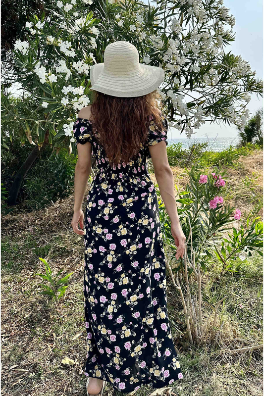 Gül Desen Yırtmaçlı Siyah Kadın Sany Dress Elbise - 4