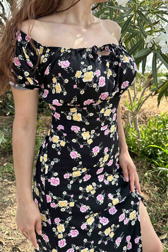 Gül Desen Yırtmaçlı Siyah Kadın Sany Dress Elbise - 3