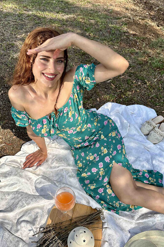 Gül Desen Yırtmaçlı Yeşil Kadın Sany Dress Elbise 