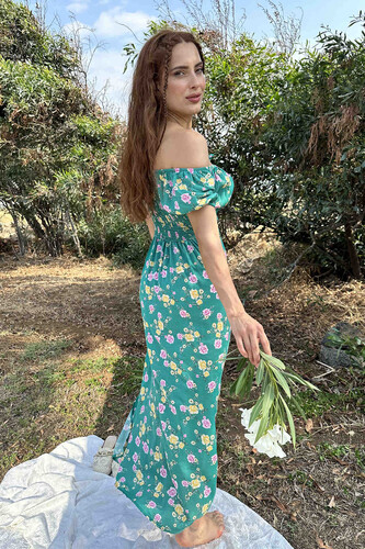 Gül Desen Yırtmaçlı Yeşil Kadın Sany Dress Elbise - 3