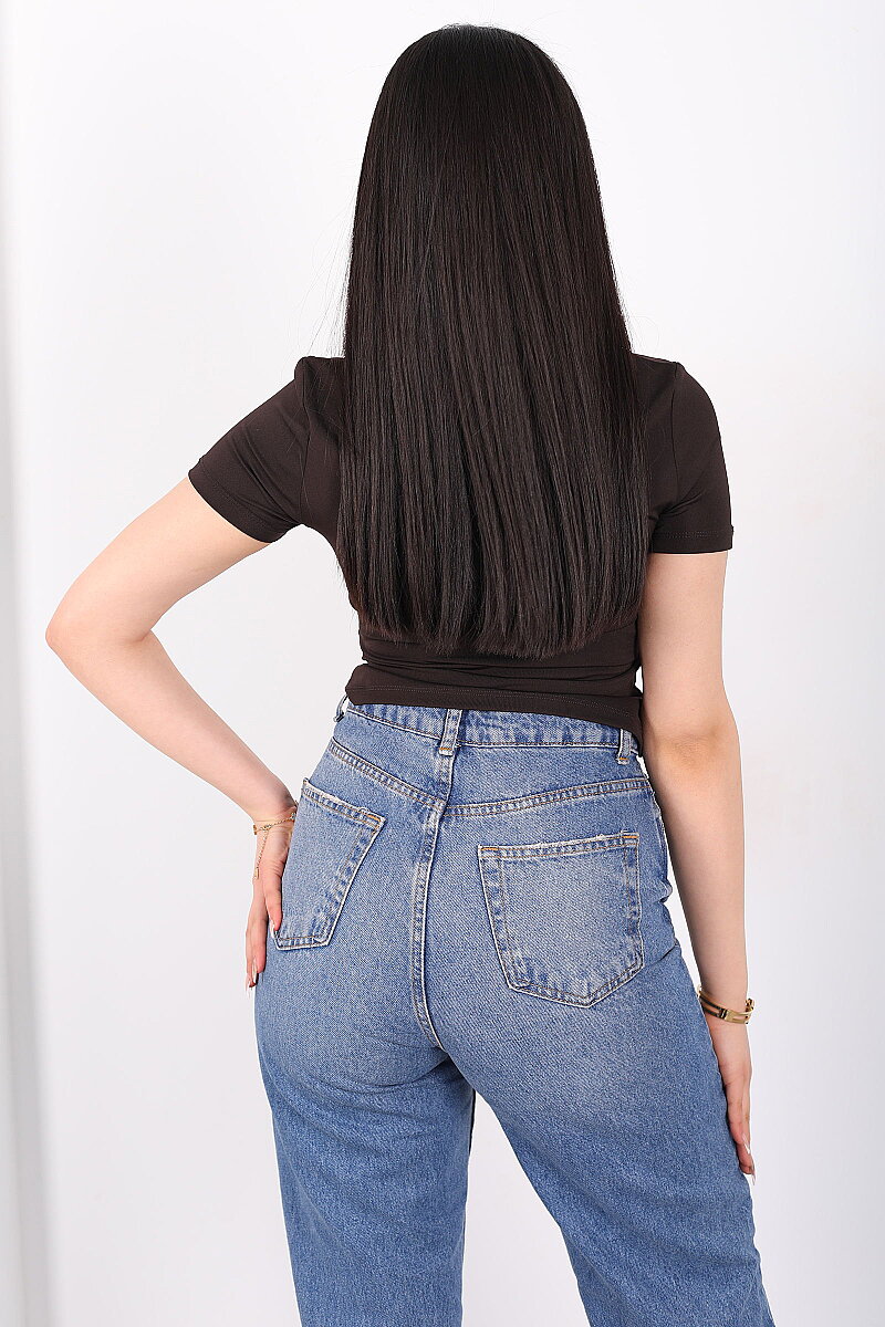 Gül Detaylı Kısa Kol Sandy Kahverengi Kadın Crop Bluz - 5