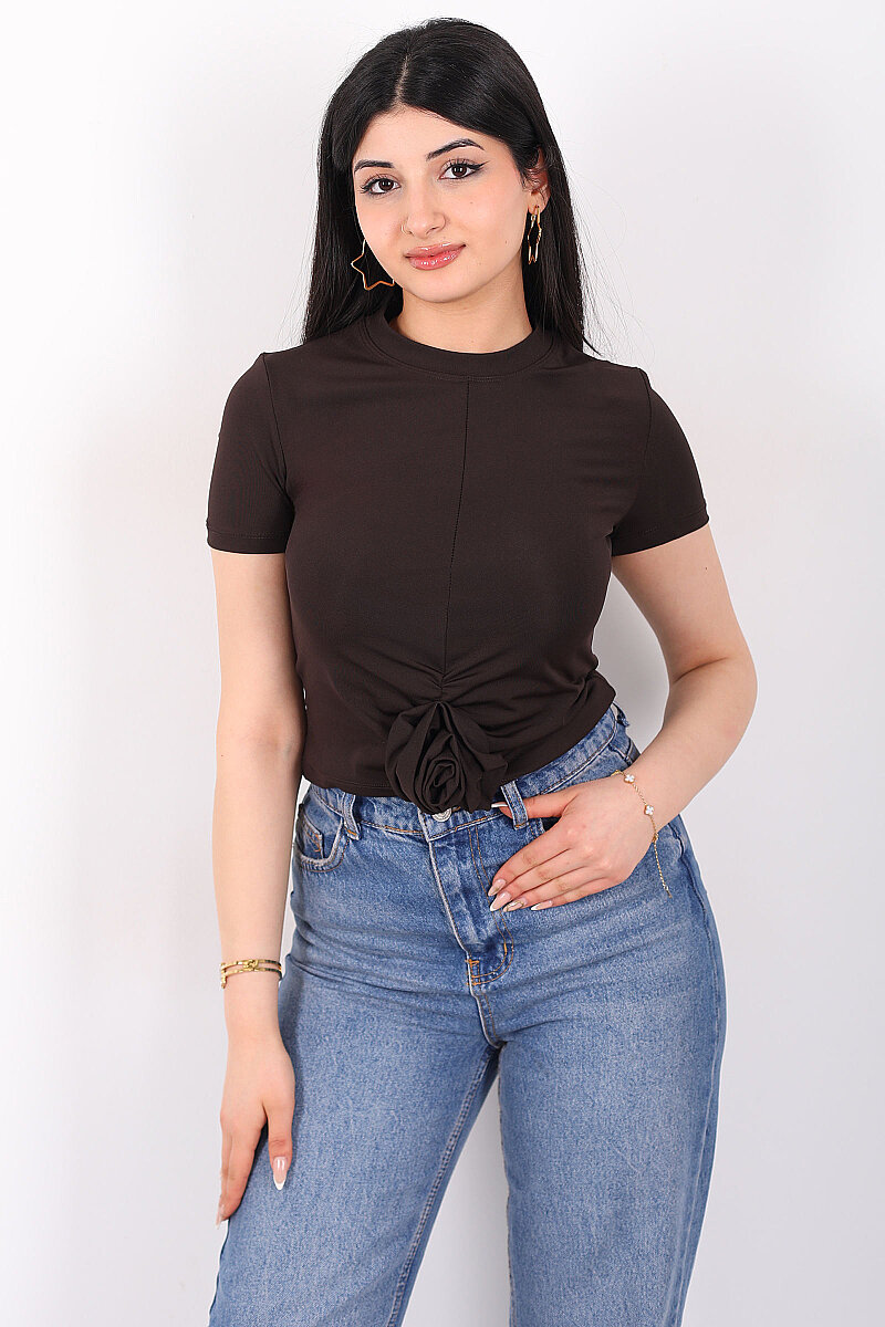 Gül Detaylı Kısa Kol Sandy Kahverengi Kadın Crop Bluz - 4
