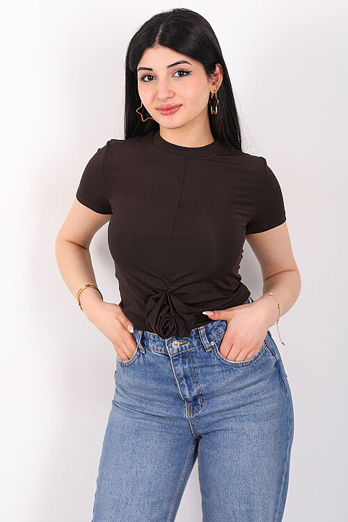 Gül Detaylı Kısa Kol Sandy Kahverengi Kadın Crop Bluz - 6