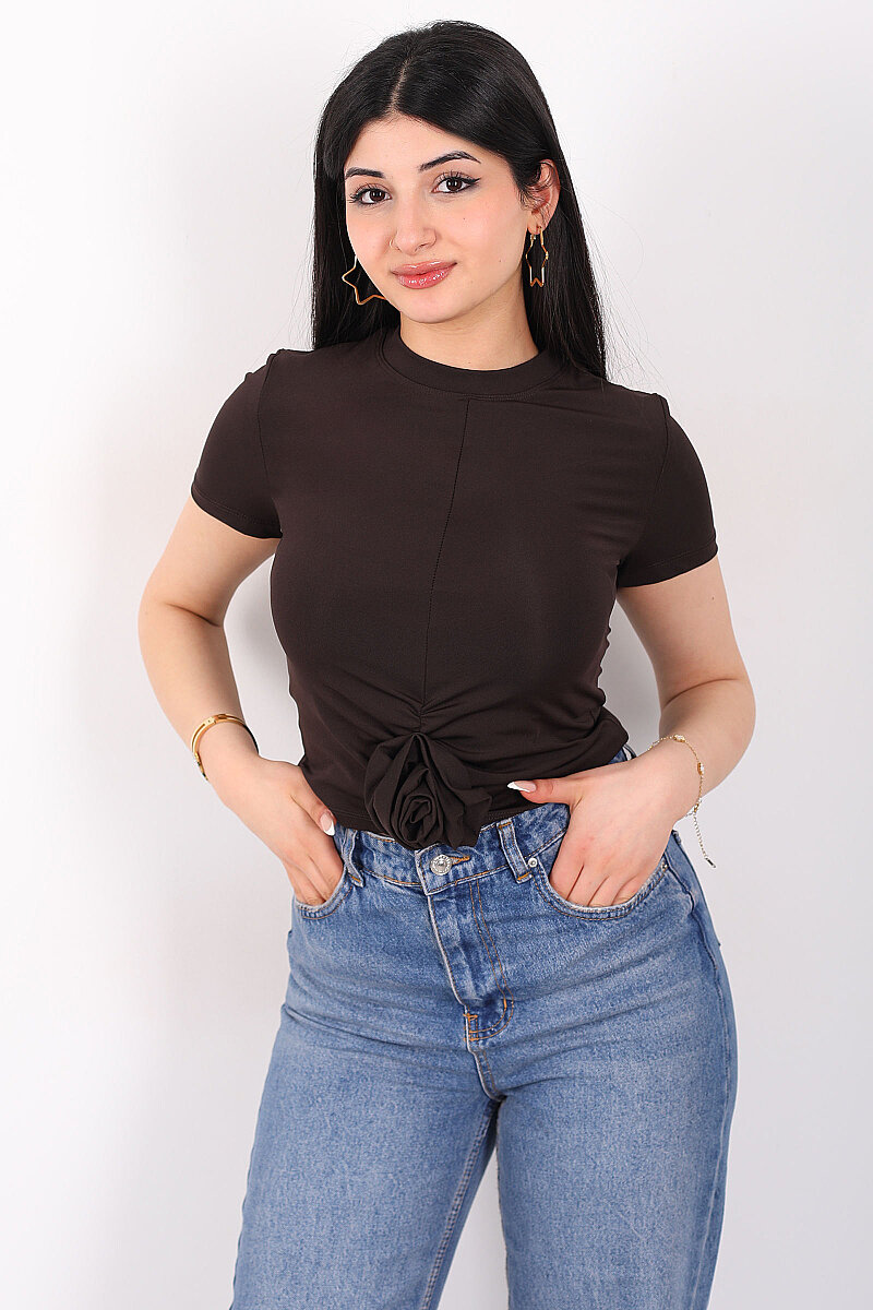Gül Detaylı Kısa Kol Sandy Kahverengi Kadın Crop Bluz - 6