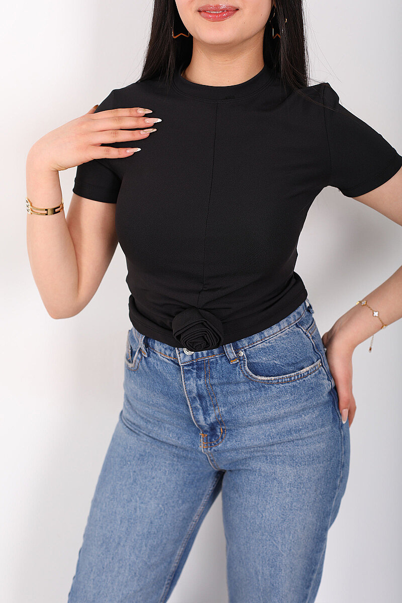 Gül Detaylı Kısa Kol Sandy Siyah Kadın Crop Bluz - 2