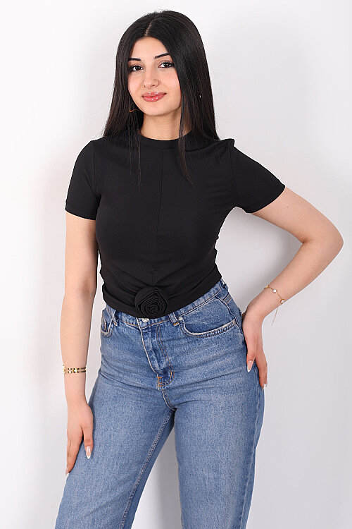 Gül Detaylı Kısa Kol Sandy Siyah Kadın Crop Bluz - 5