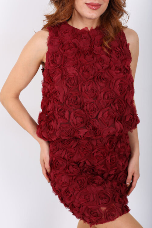 Gül Kabartmalı Bordo Kadın Kolsuz Bluz - Berox (1)