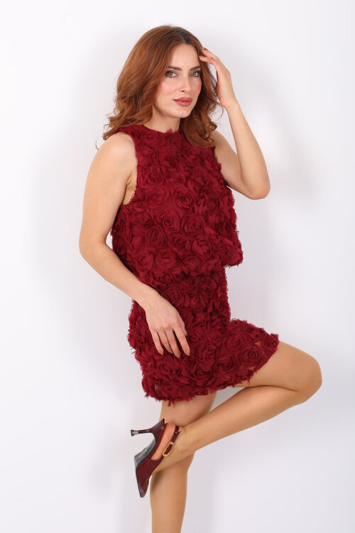 Gül Kabartmalı Bordo Kadın Kolsuz Bluz - 4