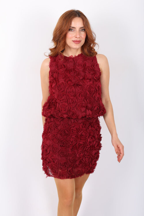 Gül Kabartmalı Bordo Kadın Kolsuz Bluz - 6